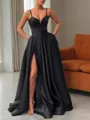 A-line Straps Sleeveless Sweep Train Glam Satin Prom Dress With Slit