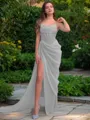 Glamourous Sheath/Column Spaghetti Straps Sleeveless Sweep Train Organza Corset Prom Dress With Slit