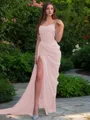 Glamourous Sheath/Column Spaghetti Straps Sleeveless Sweep Train Organza Corset Prom Dress With Slit