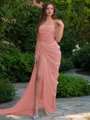Glamourous Sheath/Column Spaghetti Straps Sleeveless Sweep Train Organza Corset Prom Dress With Slit