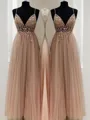 A-line Princess Unique Spaghetti Straps Sleeveless Floor-Length Tulle Prom Dress With Beading