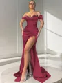 Sheath/Column Off-the-Shoulder Sexy Sleeveless Sweep Train Silk like Satin Corset Prom Dress With Slit