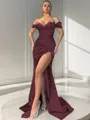 Sheath/Column Off-the-Shoulder Sexy Sleeveless Sweep Train Silk like Satin Corset Prom Dress With Slit