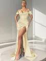 Sheath/Column Off-the-Shoulder Sexy Sleeveless Sweep Train Silk like Satin Corset Prom Dress With Slit