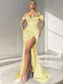 Sheath/Column Off-the-Shoulder Sexy Sleeveless Sweep Train Silk like Satin Corset Prom Dress With Slit