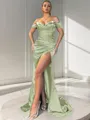Sheath/Column Off-the-Shoulder Sexy Sleeveless Sweep Train Silk like Satin Corset Prom Dress With Slit