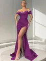 Sheath/Column Off-the-Shoulder Sexy Sleeveless Sweep Train Silk like Satin Corset Prom Dress With Slit