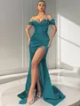Sheath/Column Off-the-Shoulder Sexy Sleeveless Sweep Train Silk like Satin Corset Prom Dress With Slit