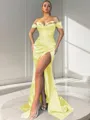Sheath/Column Off-the-Shoulder Sexy Sleeveless Sweep Train Silk like Satin Corset Prom Dress With Slit