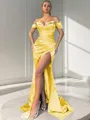 Sheath/Column Off-the-Shoulder Sexy Sleeveless Sweep Train Silk like Satin Corset Prom Dress With Slit