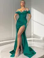 Sheath/Column Off-the-Shoulder Sexy Sleeveless Sweep Train Silk like Satin Corset Prom Dress With Slit