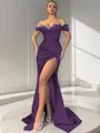 Sheath/Column Off-the-Shoulder Sexy Sleeveless Sweep Train Silk like Satin Corset Prom Dress With Slit