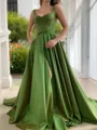 A-line Straps Sleeveless Pretty Court Train Satin Prom Dress With Slit