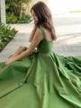 A-line Straps Sleeveless Pretty Court Train Satin Prom Dress With Slit