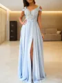 A-line Off-the-Shoulder Sleeveless Floor-Length Charming Chiffon Corset Prom Dress With Slit