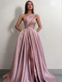 A-line One-Shoulder Sleeveless Sweep Train Satin Delicate Prom Dress With Slit