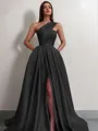 A-line One-Shoulder Sleeveless Sweep Train Satin Delicate Prom Dress With Slit