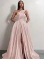 A-line One-Shoulder Sleeveless Sweep Train Satin Delicate Prom Dress With Slit