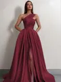 A-line One-Shoulder Sleeveless Sweep Train Satin Delicate Prom Dress With Slit