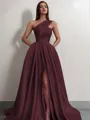 A-line One-Shoulder Sleeveless Sweep Train Satin Delicate Prom Dress With Slit