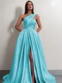 A-line One-Shoulder Sleeveless Sweep Train Satin Delicate Prom Dress With Slit