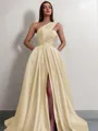 A-line One-Shoulder Sleeveless Sweep Train Satin Delicate Prom Dress With Slit