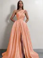 A-line One-Shoulder Sleeveless Sweep Train Satin Delicate Prom Dress With Slit