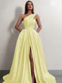 A-line One-Shoulder Sleeveless Sweep Train Satin Delicate Prom Dress With Slit