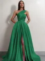 A-line One-Shoulder Sleeveless Sweep Train Satin Delicate Prom Dress With Slit