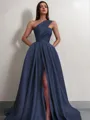 A-line One-Shoulder Sleeveless Sweep Train Satin Delicate Prom Dress With Slit
