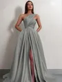 A-line One-Shoulder Sleeveless Sweep Train Satin Delicate Prom Dress With Slit