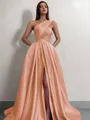 A-line One-Shoulder Sleeveless Sweep Train Satin Delicate Prom Dress With Slit