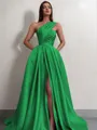 A-line One-Shoulder Sleeveless Sweep Train Satin Delicate Prom Dress With Slit
