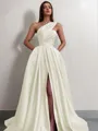 A-line One-Shoulder Sleeveless Sweep Train Satin Delicate Prom Dress With Slit