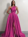 A-line One-Shoulder Sleeveless Sweep Train Satin Delicate Prom Dress With Slit