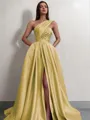 A-line One-Shoulder Sleeveless Sweep Train Satin Delicate Prom Dress With Slit