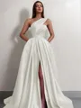 A-line One-Shoulder Sleeveless Sweep Train Satin Delicate Prom Dress With Slit