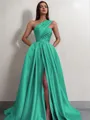 A-line One-Shoulder Sleeveless Sweep Train Satin Delicate Prom Dress With Slit