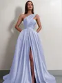 A-line One-Shoulder Sleeveless Sweep Train Satin Delicate Prom Dress With Slit