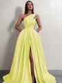 A-line One-Shoulder Sleeveless Sweep Train Satin Delicate Prom Dress With Slit