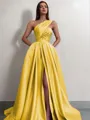 A-line One-Shoulder Sleeveless Sweep Train Satin Delicate Prom Dress With Slit