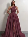 A-line One-Shoulder Sleeveless Sweep Train Satin Delicate Prom Dress With Slit