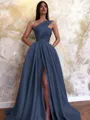 A-line One-Shoulder Sleeveless Sweep Train Satin Delicate Prom Dress With Slit