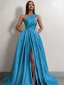 A-line One-Shoulder Sleeveless Sweep Train Satin Delicate Prom Dress With Slit