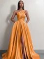 A-line One-Shoulder Sleeveless Sweep Train Satin Delicate Prom Dress With Slit