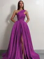 A-line One-Shoulder Sleeveless Sweep Train Satin Delicate Prom Dress With Slit