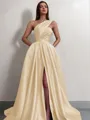 A-line One-Shoulder Sleeveless Sweep Train Satin Delicate Prom Dress With Slit