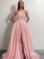 A-line One-Shoulder Sleeveless Sweep Train Satin Delicate Prom Dress With Slit