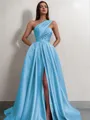 A-line One-Shoulder Sleeveless Sweep Train Satin Delicate Prom Dress With Slit