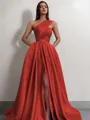 A-line One-Shoulder Sleeveless Sweep Train Satin Delicate Prom Dress With Slit